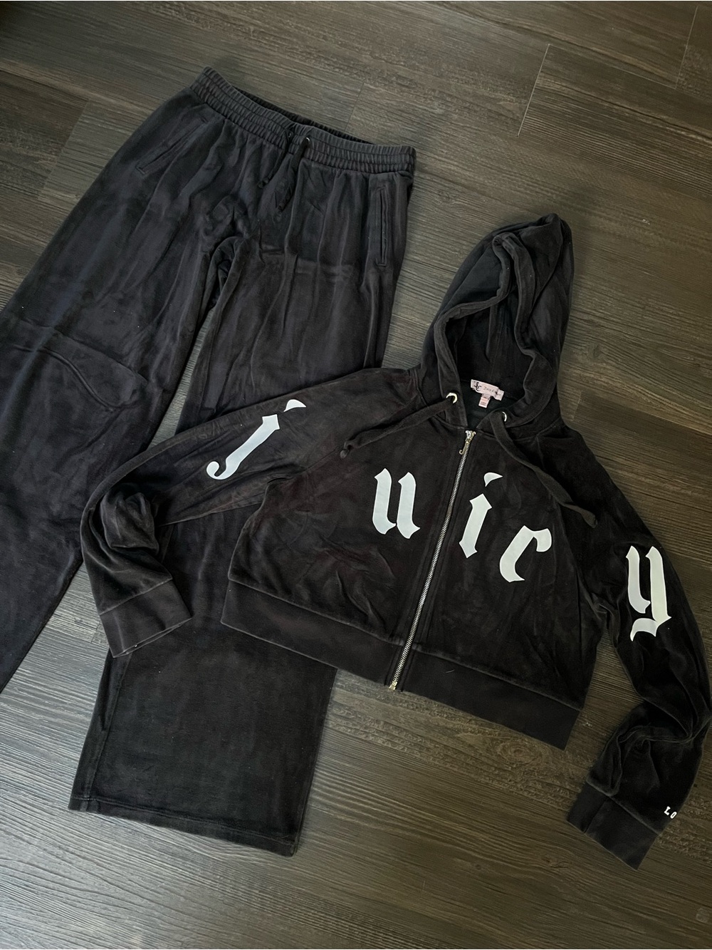 OG Y2K Juicy Couture Black Velour 2PC Tracksuit Set Zip Hoodie Pants | Size: M